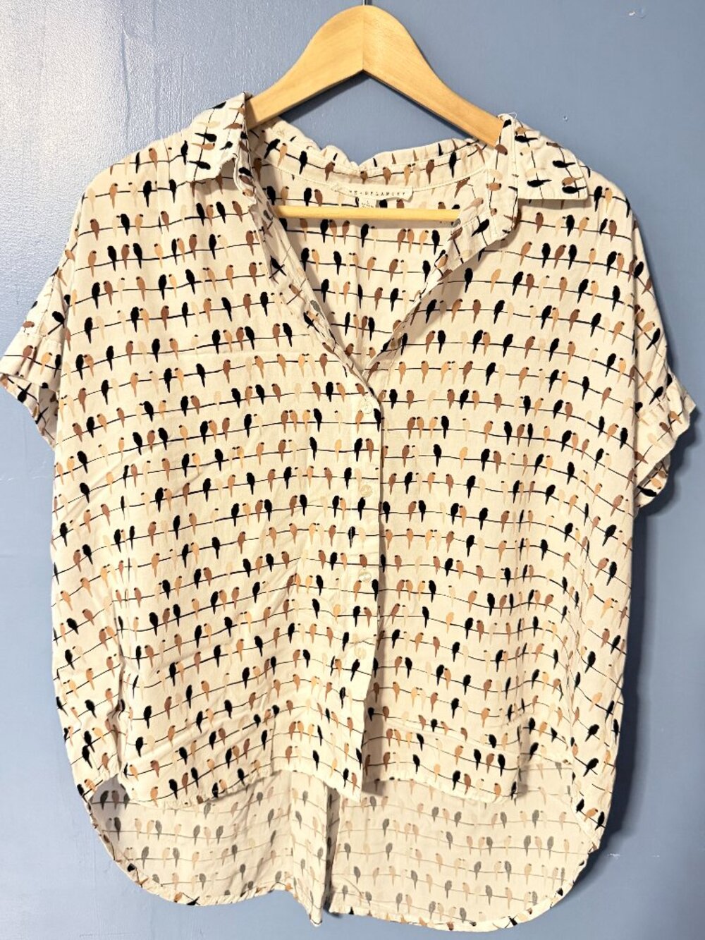 Jane and Delancey White Button-Up Short Sleeve Shirt with Bird on Wire Print--L